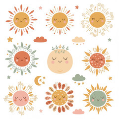 Boho sun clipart set &ndash; cute baby sun faces, nursery decoration, bohemian sunshine illustration