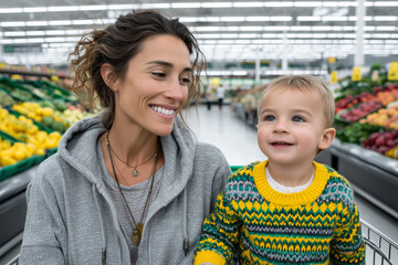 Smiling mother shopping with toddler in grocery store, child sitting in cart surrounded by fresh produce, everyday family lifestyle and parenting moment during supermarket visit