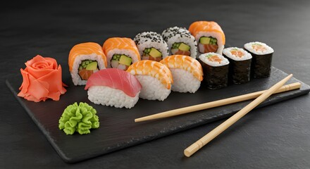 Assorted sushi rolls and nigiri on a black slate plate with chopsticks and condiments displayed nicely