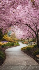 Pathway winds beneath blooming cherry trees in spring; pink petals fall
