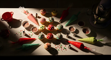 Decorating Festive Cupcakes, Artistic Confectionery Creation, Culinary Christmas Delight