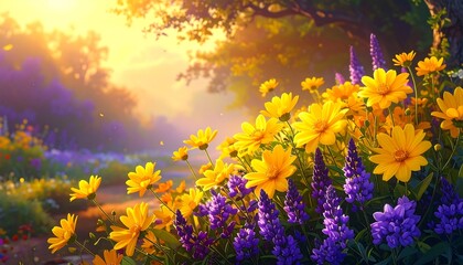 Obraz premium A vibrant display of yellow and purple flowers in a sun-drenched garden setting.