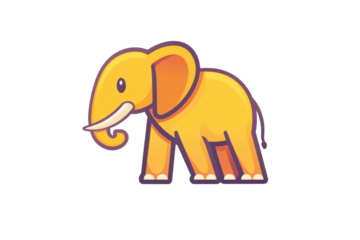 Cute cartoon yellow elephant isolated on transparent background. Minimal elephant icon with a curved trunk large ears and simple legs isolated on white background.