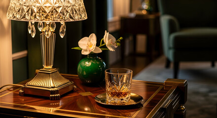 Decorative Crystal Lamp And Whiskey Glass Displayed Elegantly On An Wooden Table