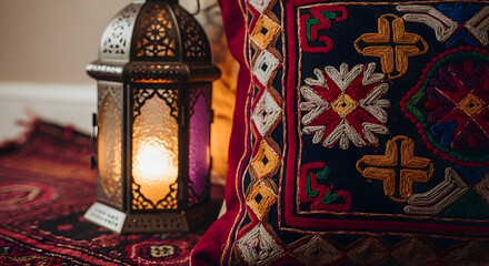 Decorative Lantern and Embroidered Pillow Creating a Cozy and Cultural Ambiance Atmosphere
