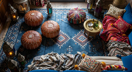 Decorative interior scene featuring bohemian decor elements and a cozy relaxing atmosphere