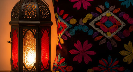 Decorative Lantern Illuminated With Cushion Embellished Flowers Suitable For Interior Design