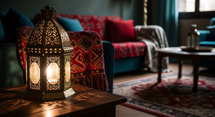 Decorative Lantern Illuminated On A Tranquil Table With Soft Lighting Aesthetic