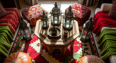 Decorative Lanterns on Ornate Table with Moroccan Cushions and Rugs Creating Unique Atmosphere