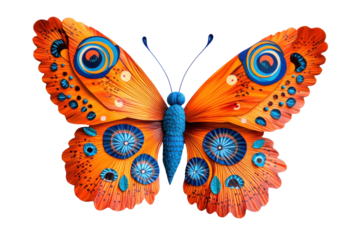 Intricate orange and blue butterfly art isolated on transparent background. Vibrant orange butterfly featuring beautiful blue isolated on white background.