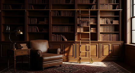 Elegant And Cozy Library Interior With Bookshelves Antique Chair And Ladder
