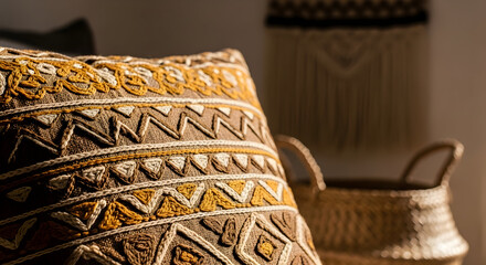 Decorative Pillow And Woven Basket Creating A Warm And Cozy Interior Ambiance Scene