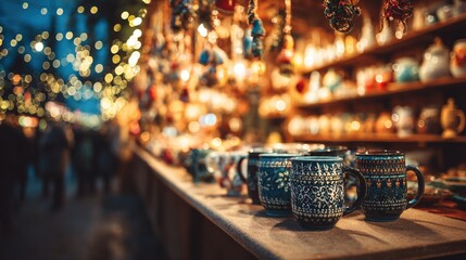 Row of colorful ceramic mugs on a counter at a Christmas market with festive bokeh lights. Holiday season, winter fair.