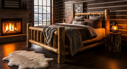 Cozy rustic bedroom with a fireplace, wooden bed, and a snowy mountain view