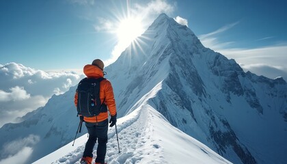 Climber ascends snowy mountain peak on expedition. Man with backpack, poles walks on narrow ridge, sun shines brightly in blue sky above clouds. Extreme adventure, exploration, achievement, heroic