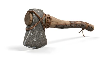 An illustration of a primitive stone axe with a wooden handle wrapped in leather. This tool represents ancient craftsmanship and survival, symbolizing early human toolmaking and outdoor work.