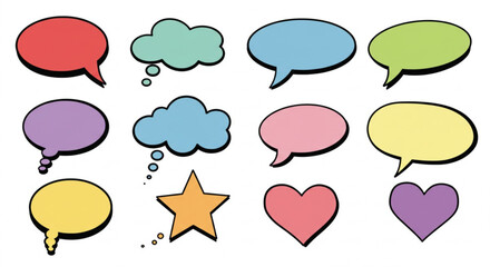 Collection of colorful speech bubbles thought bubbles star and heart shapes isolated on white background
