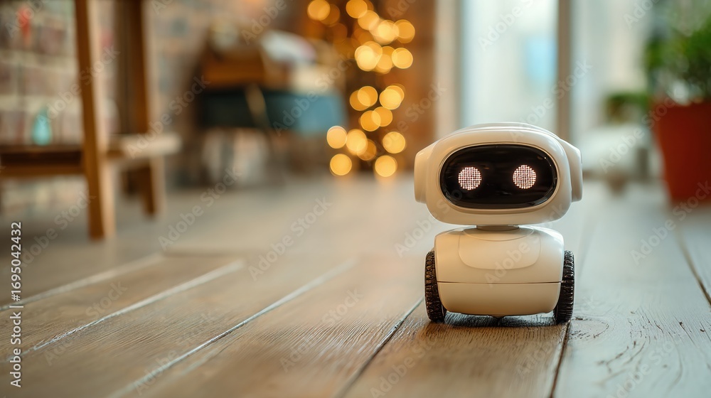 Poster a white robot stands on a wooden floor in a home setting. artificial intelligence and smart home tec