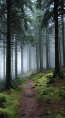 Obraz premium Path winds through a misty forest, tall trees, mossy ground, creating a serene landscape