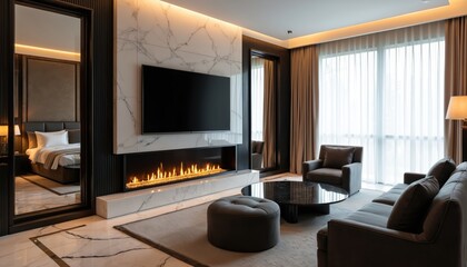 Luxury hotel suite features large black television above marble fireplace with golden ambient lighting reflection. Sumptuous room offers opulence, comfort, sleek design, accommodation for travelers