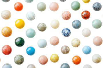 Collection of polished marbles isolated on transparent background. Array of colorful decorative marbles displayed isolated on White background.