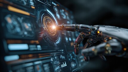 Robot hand touching digital screen. Cyborg finger interacting with holographic interface. Artificial intelligence and futuristic technology concept.