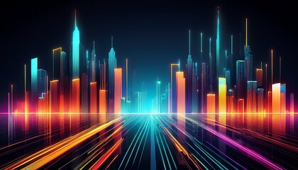 abstract cityscape with glowing lines and bars on dark background
