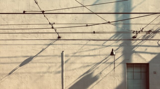 Beige wall with overhead wires casting shadows and a small window