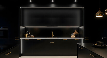 Elegant And Modern All Black Kitchen Design With Accent Lighting For A Luxurious Feel