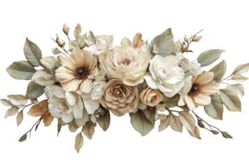 Elegant neutral tone floral arrangement isolated on transparent background. Elegant floral arrangement featuring soft tones and leaves isolated on white background.