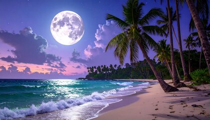 Tropical beach at night under a full moon
