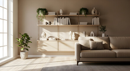 Elegant and modern living room interior with plants, shelves, and a comfortable sofa