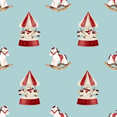 wooden rocking horse toy wooden Carousel Vintage style Hand drawn illustration Cute fabric pattern for kids on blue background