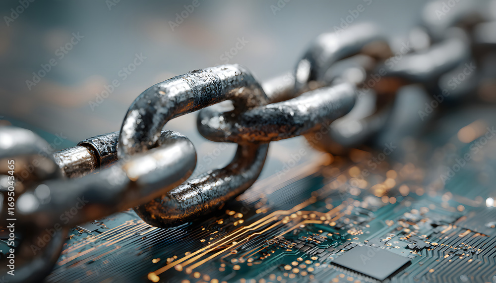 Poster close-up of metal chain laying on hi-tech circuit bord. data loss prevention scurity framework prote