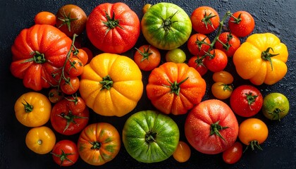 Colorful tomatoes arranged on a dark surface