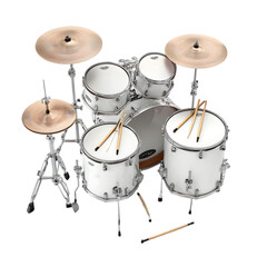 A complete white drum kit with cymbals and drumsticks isolated on transparent background