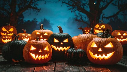 Jack-o'-lanterns on a wooden surface at night