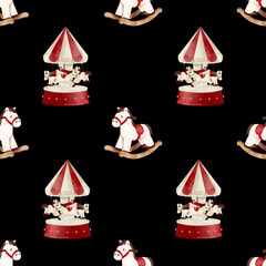 wooden rocking horse toy wooden Carousel Vintage style Hand drawn illustration Cute fabric pattern for kids on black background