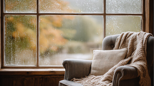 comfortable armchair by the window in a cosy room with a dull rainy autumn view
