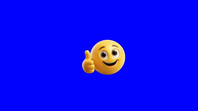 Excited yellow emoji character gives a clear thumbs up gesture with a joyful expression, conveying approval and success in a dynamic, vibrant animation