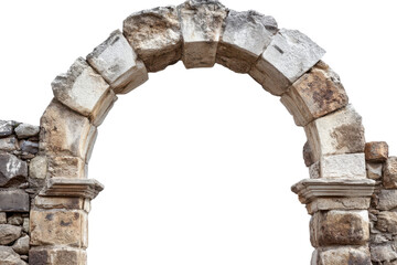 Fototapeta premium Rustic stone archway isolated on transparent background. Ancient stone archway with weathered stones isolated on white background.