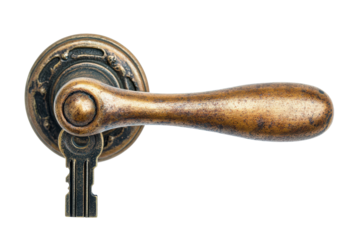 Antique brass door handle with ornate detailing isolated on transparent background. Antique bronze door handle with key hole isolated on white background.