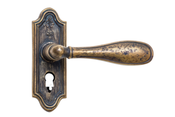 Antique brass door handle with ornate detailing isolated on transparent background. Antique bronze door handle with key hole isolated on white background.