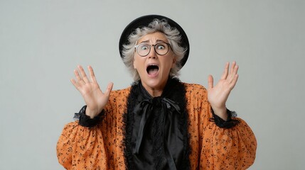 A woman in a halloween costume looking surprised and screaming with hands up, concept of shock and fear