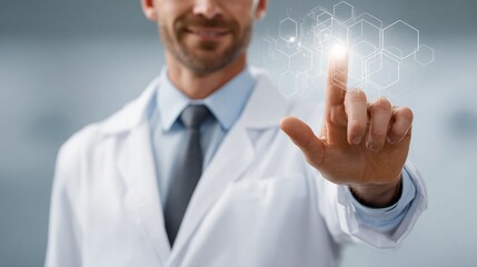 A man in a white lab coat touches a futuristic virtual screen with glowing hexagonal patterns. Science and technology concept.