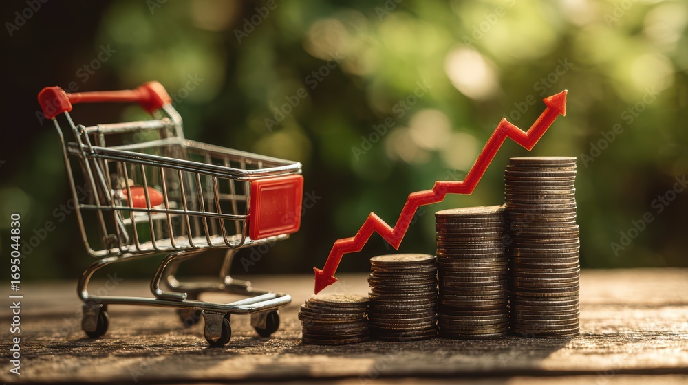 Poster closeup of shopping cart illustration with red arrow pointing to coin stacks, demonstrating increasi