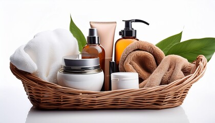 skincare kit basket isolated on white background