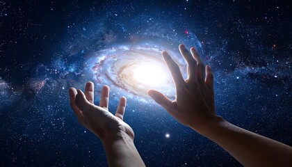 Two hands, palms up, frame a bright, swirling galaxy. The image showcases a cosmic scene with nebulae and stars. 
