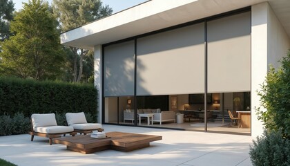 Modern house with large windows covered by roller blinds. Exterior aesthetic appeal with privacy protection. Sleek design integrates with architectural style. Outdoor patio furniture visible.