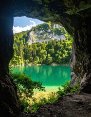 Cave view of a turquoise lake